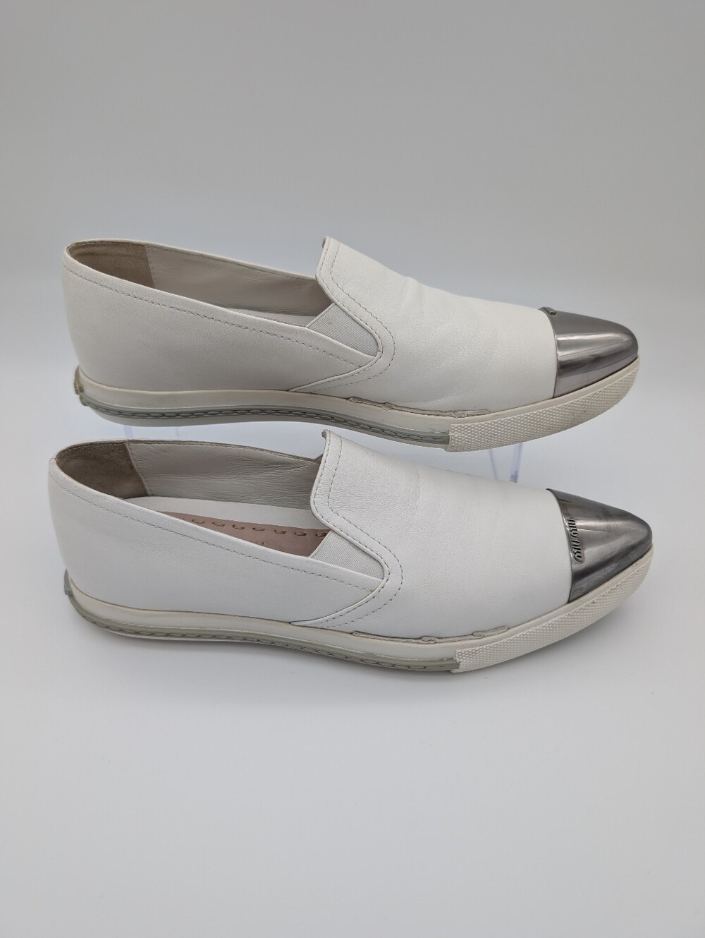 Miu Miu Silver Tip Toe White Leather Slip-on Loafers Sneakers EU 38 US 8 - Picture 4 of 10